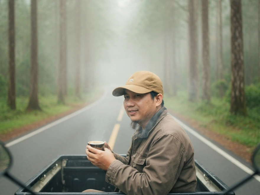 bangHasan menikmati kopi di tengah perjalanan melewati hutan berkabut
