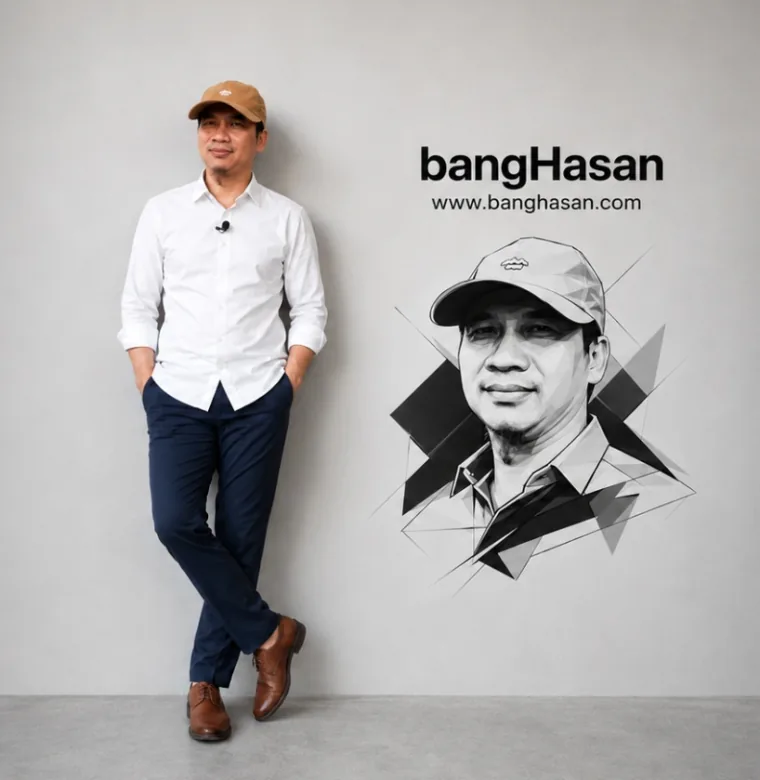 bangHasan berdiri di samping ilustrasi potret dan logo bangHasan