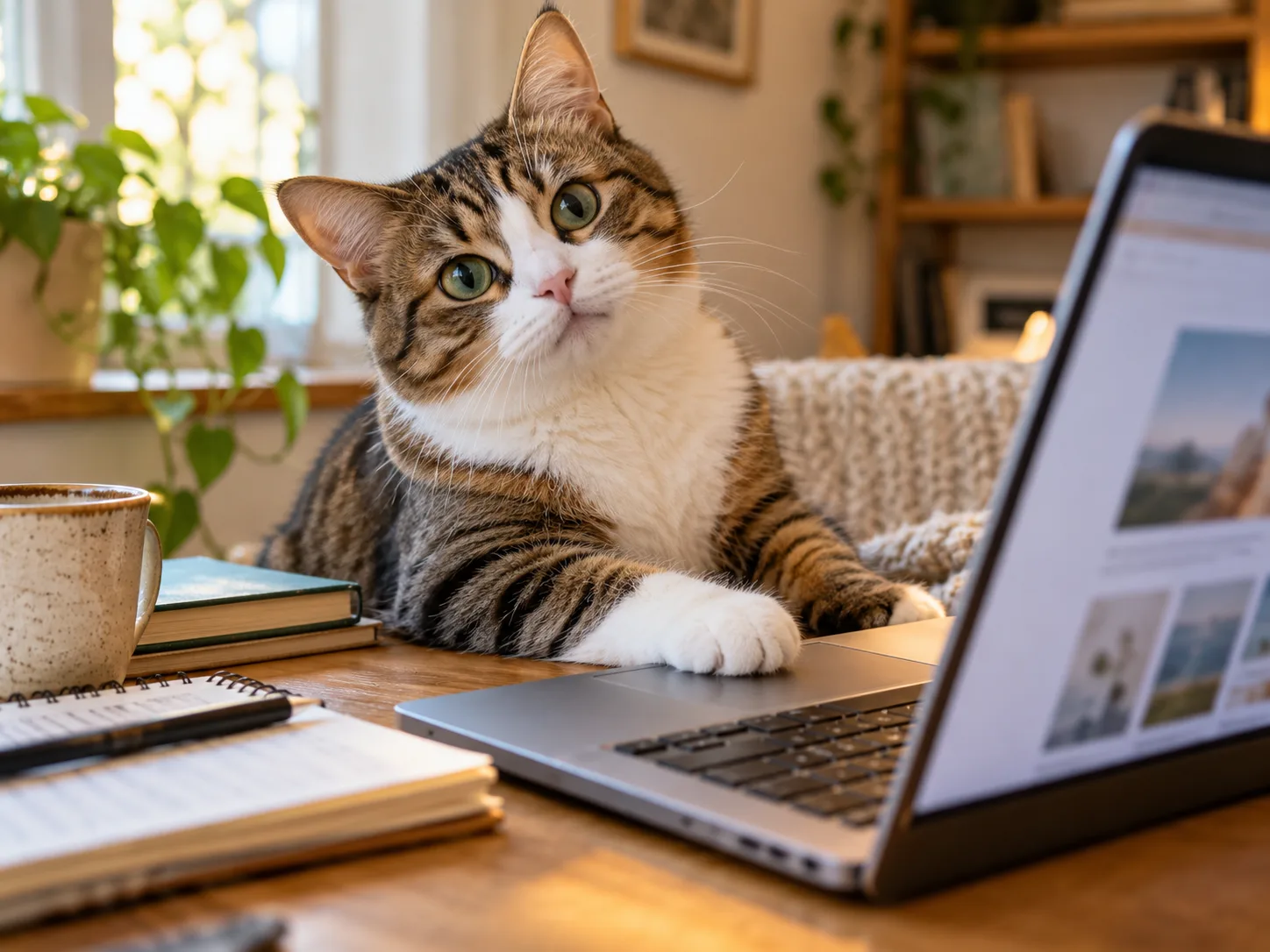 Kucing lucu duduk di meja dekat laptop, satu kaki menyentuh keyboard