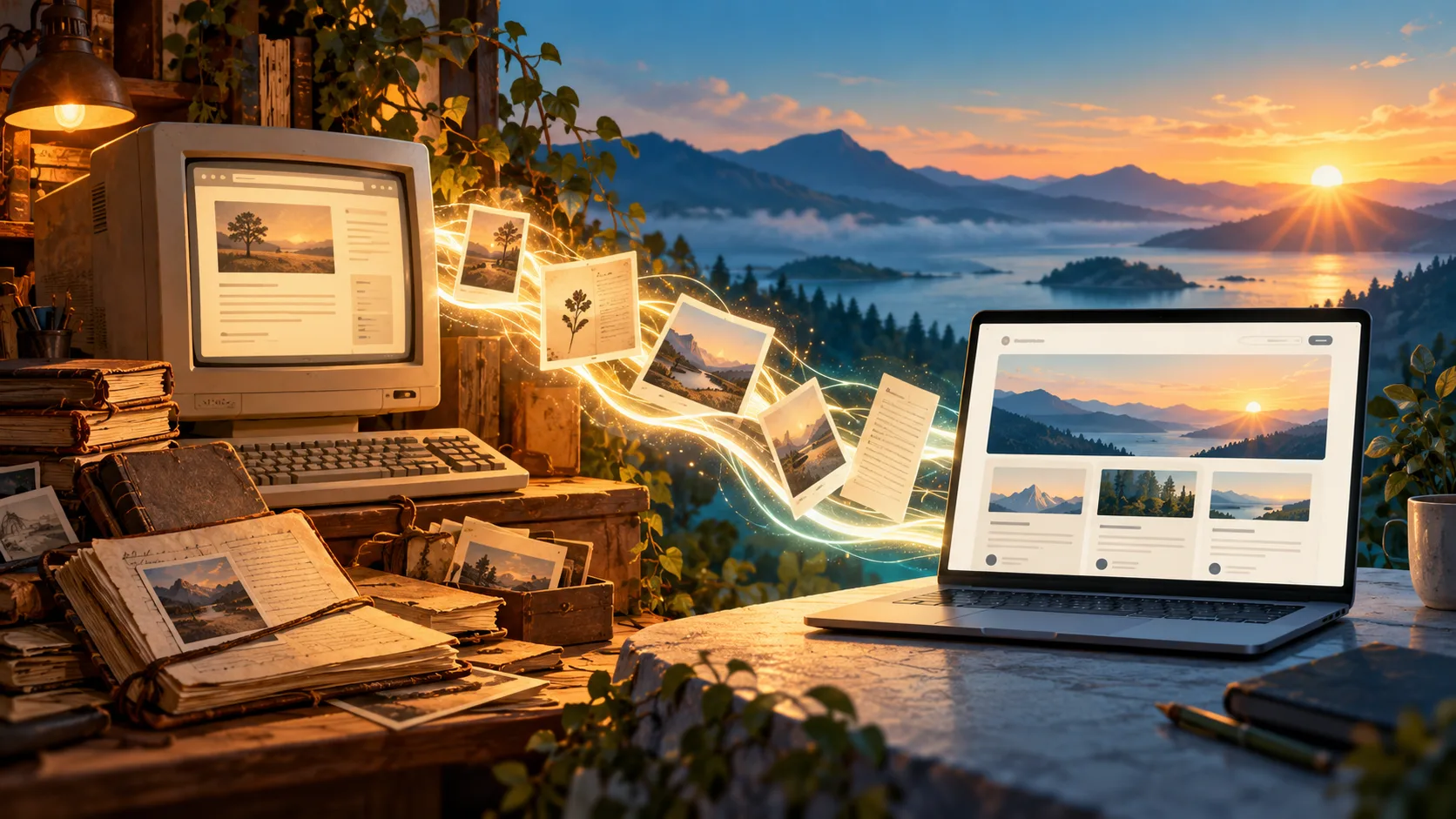 Komputer lama dan arsip tulisan terhubung menuju blog baru saat matahari terbit