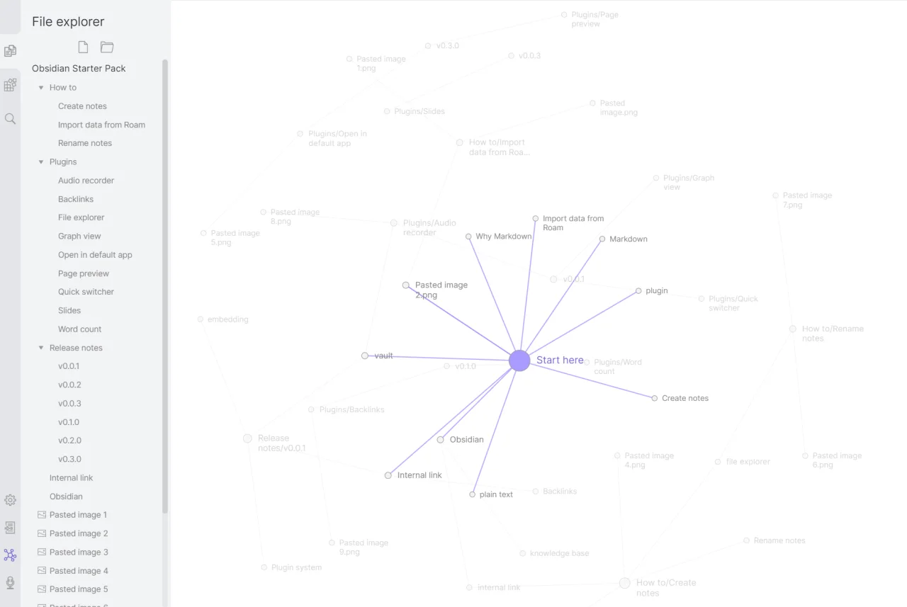 Graph View Obsidian memperlihatkan kumpulan catatan dan hubungan di antara catatan tersebut