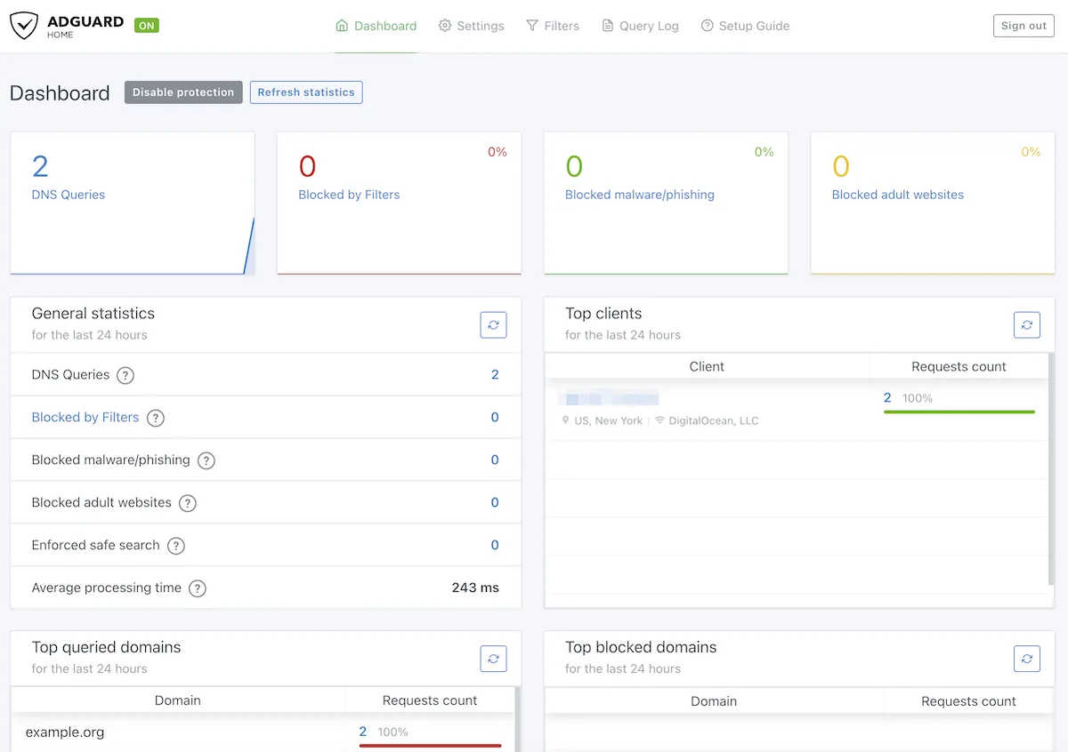 Screenshot dashboard AdGuard Home dengan statistik kueri DNS dan daftar klien