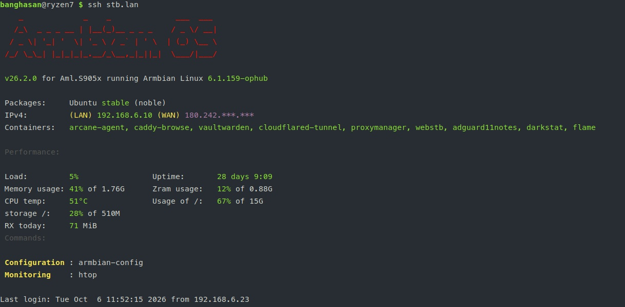 Ringkasan terminal Armbian melalui SSH yang menampilkan container Docker aktif pada ZTE B860H