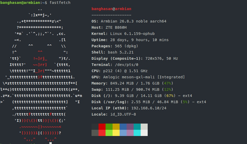 Informasi sistem Armbian pada ZTE B860H, termasuk kernel, prosesor Amlogic, memori, dan alamat IP
