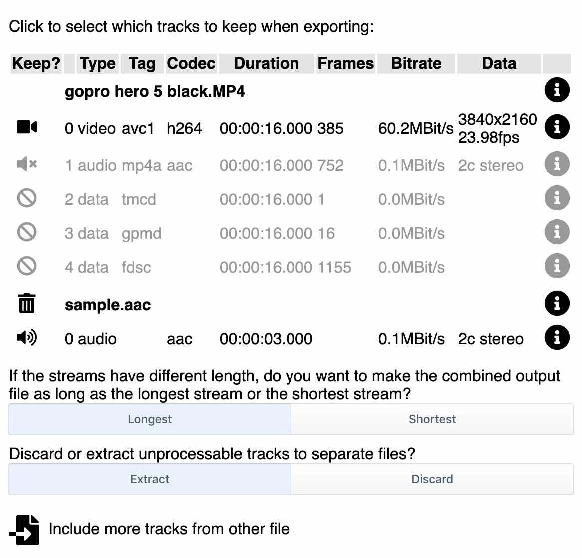 Menu pengelolaan trek audio, video, dan subtitle di LosslessCut