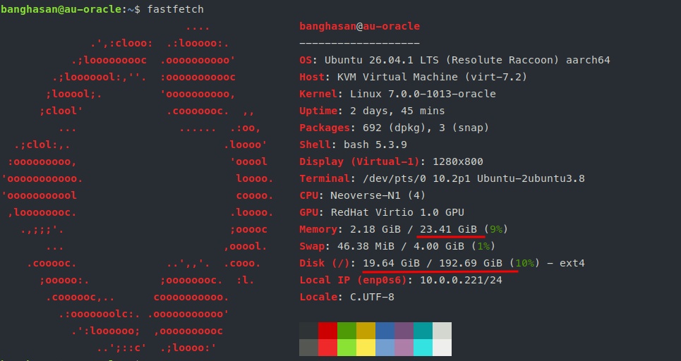 Spesifikasi VPS Oracle ARM64 dengan Fastfetch di Ubuntu 26.04
