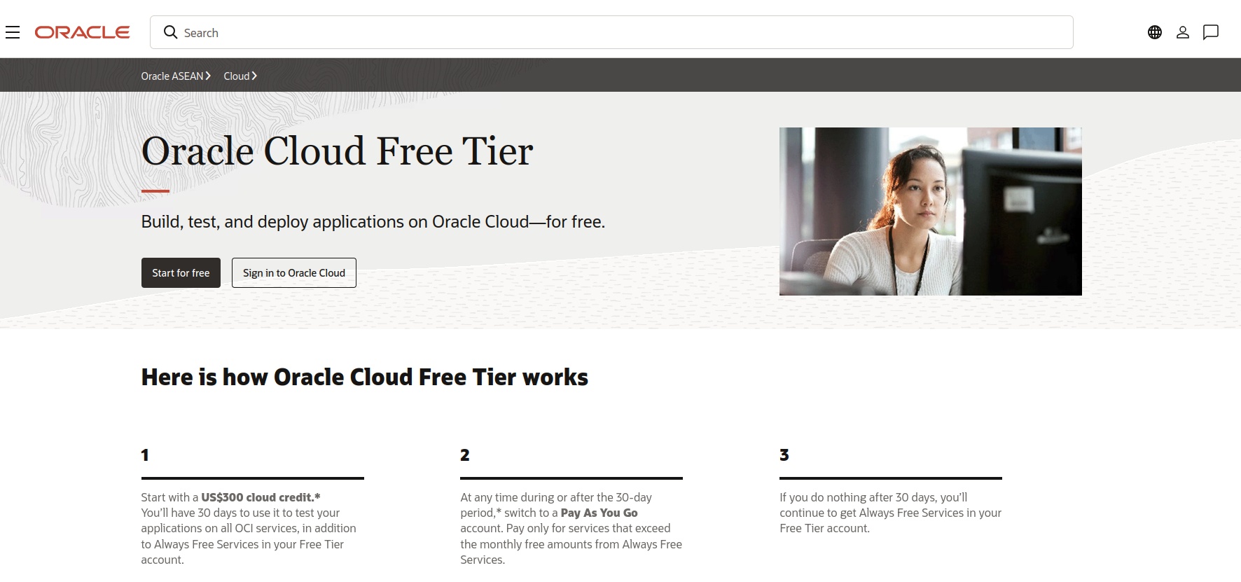 Halaman promosi Oracle Cloud Free Tier