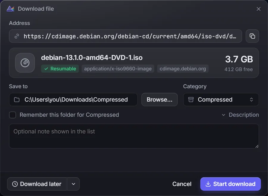 Dialog penangkap download Prism dari browser