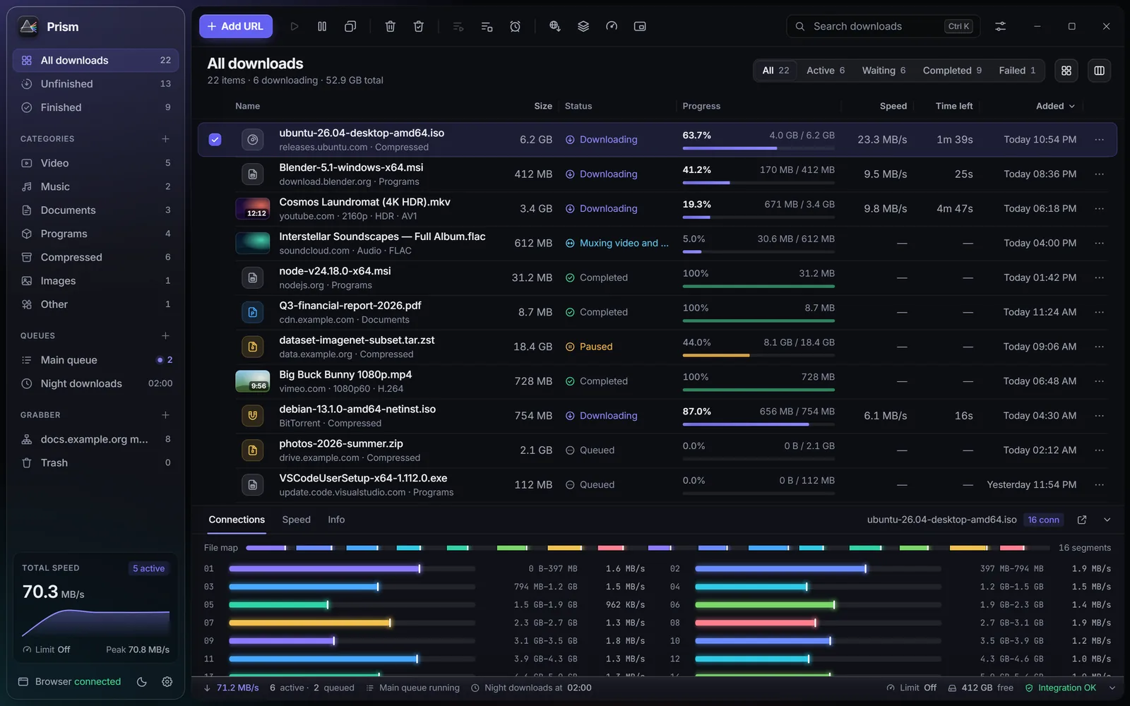 Tampilan antarmuka utama Prism Download Manager